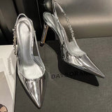 High Heels Slingback Silver Women Pumps Metallic Crystal Sandals Pointy Toe Stiletto Heeled Shoes Party Dress Shoes