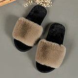 Autumn Winter Faux Fur Slippers Women Home Non Slip Fluffy Flat Slides Woman Outdoor Soft Sole Plush Sandals