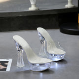 Color Square Heel Women Sandals Light Up Glowing Shoes Luminous Clear Sandals Platform Shoes High Heel 15cm Transparent