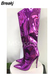 Women's High Boots Gold Silver Pointed Toe Knee-high Boots For Woman Sexy High Heels Party Shoes Ladies Stiletto