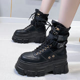 Chunky Platform Ankle Boots Women Black White Thick Bottom Motorcycle Boots Woman Autumn Winter Lace Up Short Booties
