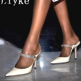 Brand Fashion Rhinestone Women Pumps White Leather Thin High Heels Mules Sandals Sexy Pointed Toe Stiletto Shoes