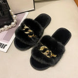 Fur Slippers 2024 New Fashion Chain Design Women Home Slippers Winter Indoor Open Toe Flat Non-slip Leisure Female