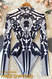 Women Bodysuit 2023 New Autumn Fashion Stand Collar Long Sleeve Body Top Casual Streetwear Floral Print Sexy Skinny Bodycon