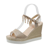 New Women Wedge Sandals Summer Bead Studded Detail Platform Sandals Buckle Strap Peep Toe Thick Bottom Casual Shoes