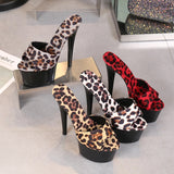 New Leopard Print Woman Slippers Sandals Platform 2023 Nightclub Sexy High-heeled 15cm Shoes Slippers Heels