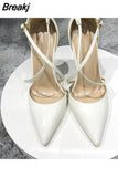 Women Patent PU Cross Strap Stiletto Pumps Pointed Toe 10cm High Heels for Elegant Ladies Chic Dress Shoes QP101