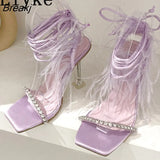 Summer Blue Tassels Feather Decor Women Crystal Transparent High Heels Sandals Sexy Open Toe Lace Up Runway Shoes