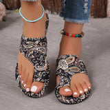 Breakj National Wind Flat-Bottomed Toe Slippers Women 2025 New Breathable Printed Roman Style