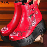 Handmade Genuine Leather Women's Boots Round Toe Retro Thick-soled Wedges Ankle Boots Embroidered High-heeled Boots