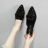 Shoes Mules For Women 2024 Ladies' Slippers Rivet Cover Toe Butterfly-Knot Low Square heel Loafers Flock New Pointed