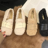 New Autumn and Winter Single Design Sensible Belt Buckle Flat Wool Shoes Ladies Soft Cotton Shoes Comfortable 35-40