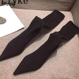 New Fashion Pointed Toe Thigh High Sock Boots Women Knitting Stretch Fabric Casual Low Thin Heels Over The Knee Shoes