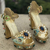 Luxury Brand Women Platform Sandals Crystal Embroidery High Heel Sandalia Feminina Buckle Strap Rhinestone Wedding