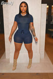 Solid Color Short Sleeve Crop Top and Pockets Biker Shorts 2 Pcs Set Sexy Slim Summer Fashion Outfit Casual