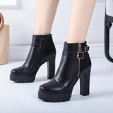 Women Autumn Ankle Boots Sexy High Heels Platform Boots Round Toe Leather Booties Black Shoes Ladies Party Shoes Botas De