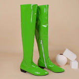 Women Over the Knee Boots Wide Calf Size 34~48 Candy Colour Chunky Low Heel Pointy Toe Patent Leather Comfortable Boot Zip