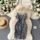 Autumn Silver Sequined Bodycon Sexy Dress Women Spaghetti Strap Sleeveless Backless Christmas Party Dress