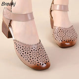 2023 Summer Women Shoes New Soft Bottom Genuine Leather Women Sandals Retro Hollow Thick Heels Sandals For