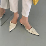 High-Heeled Shoes Lady Woman's Slippers Slides Pointed Toe Low 2023 Cover Rome Basic PU Fabric Scandals Hoof Cover Toe
