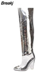 Women Winter Transparent Over The Knee Boots Woman Pointed Toe 12CM Crystal High Heel Pump Fashion Silver Ladies