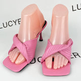 Brand Design Big Square Toe Slippers Women 2023 Summer Thin High Heels Sandals Woman New Soft Pu Leather Outdoor