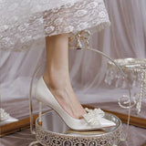 Luxury Pearl Bowknot Wedding Pumps Women Sexy Stiletto Heels Party Shoes Woman Silk Pointed Toe Rhonestone Pumps