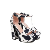 Platform Sandals Women 2023 Chunky High Heels Flock Fashion Cow Print Sexy Pumps Shoes Casual Zapato