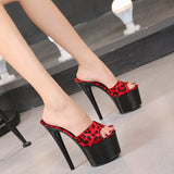 New Leopard Print Woman Slippers Sandals Platform 2023 Nightclub Sexy High-heeled 15cm Shoes Slippers Heels