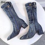 Jean Boots Women's Mid Calf Boot Zipper High Heel Woman Stylish Jeans Boots Ladies Denim Boot Female Shoes Cowboy