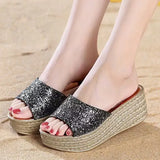 Gold Silver Sequins Wedges Slippers for Women 2023 Summer Open Toe Platform Sandals Woman High Heels Slides Ladies
