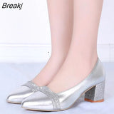 Women Pumps Sweet Style Square High Heel Sequins Pointed Toe Spring and Autumn Elegant Shallow Ladies