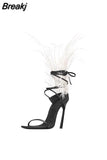 Gladiator Sandals Women Fur Shoes Summer Cross-tied High-heeled Sandals Ostrich Hair Decor Thin High Heels Shoes