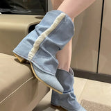 Toe Pleated Cowboy Boots for Women Fashion Tassel Thick High Heels Mid Calf Boots Woman Slip On Blue Denim Botas