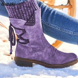 Autumn Boots Elegant Women Female Round Toe Mid-calf Sweet Princess Party Boot Stylish Flat Flock Snow Shoes Winter