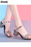Gold Ladies Shoes Diamond Sandals for Women Clear Summer 2023 with Medium Heels Transparent Square Rhinestones F