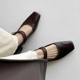 Maillard Square Head Mary Jane Shoes 2024 Early Spring New Thick Heel One-Word Buckle Single Boot Vintage Women's