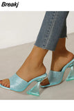 Transparent High Heel Sandals New Square Toe Chunky Heel Rhinestone Sexy High Heels Ankle-Strap Open Toe