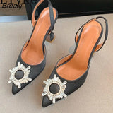 2023 Brand Women Pumps Sandals Fashion Pointed Toe Crystal Buckle Comfortable Slingback High Heels Summer Wedding