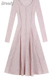 One Piece Dress Korean Fashion 2023 Autumn Basic Long Sleeve Casual Midi Dress Pure Color Even Party Dress Female