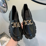 Women Spring New Black Platform Flats Shoes Women Loafers Slip on Boat Shoes Metal Chain Designer Casual Leather