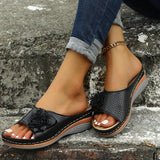 Flower Wedge Sandals Women 2023 Summer PU Leather Platform Slippers Woman Plus Size 43 Comfortable Beach Shoes Flip