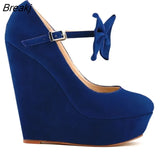 Flock Wedges Women Pumps High Heels Platform Ladies Bow Pump Fashion Round Toe Mary Janes Party Wedding