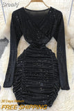 Sequins Glitter Bodycon Mini Dress Women Fashion Ruched Party Dress V-neck Long Sleeve High Waist Autumn Club Dress