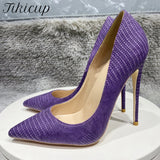 Purple Crocodile Effect Women Pointy Toe 80 100 120 High Heel Shoes for Birthday Party Elegant Ladies Stiletto