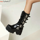 Women Leather Chunky Motorcycle Boots Punk Midi Calf 2023 Autumn Winter Gothic Black Size 35-44 Zip Bat Buckles Platform