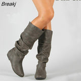 Women Leather Mid Calf Boots Casual Slip on Autumn Winter Long Boots Flats Fashion Pleated Round Toe Black Elegant Botas