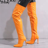 2023 New Green Leather Over The Knee Thigh High Boots Women Sexy Pointed Toe Zip 11.5CM Heels Nightclub Stripper
