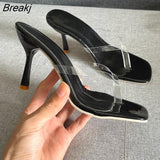Women's High Heel Sandals Summer Transparent Pinch Toe Square Toe Stiletto Slippers for Women Flip Flops Outdoor Slides