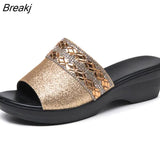Women Slippers Shoes Genuine Leather Slip on Outside Slides Ladies Fashion Wedges Summer Beach thick sole Flip
